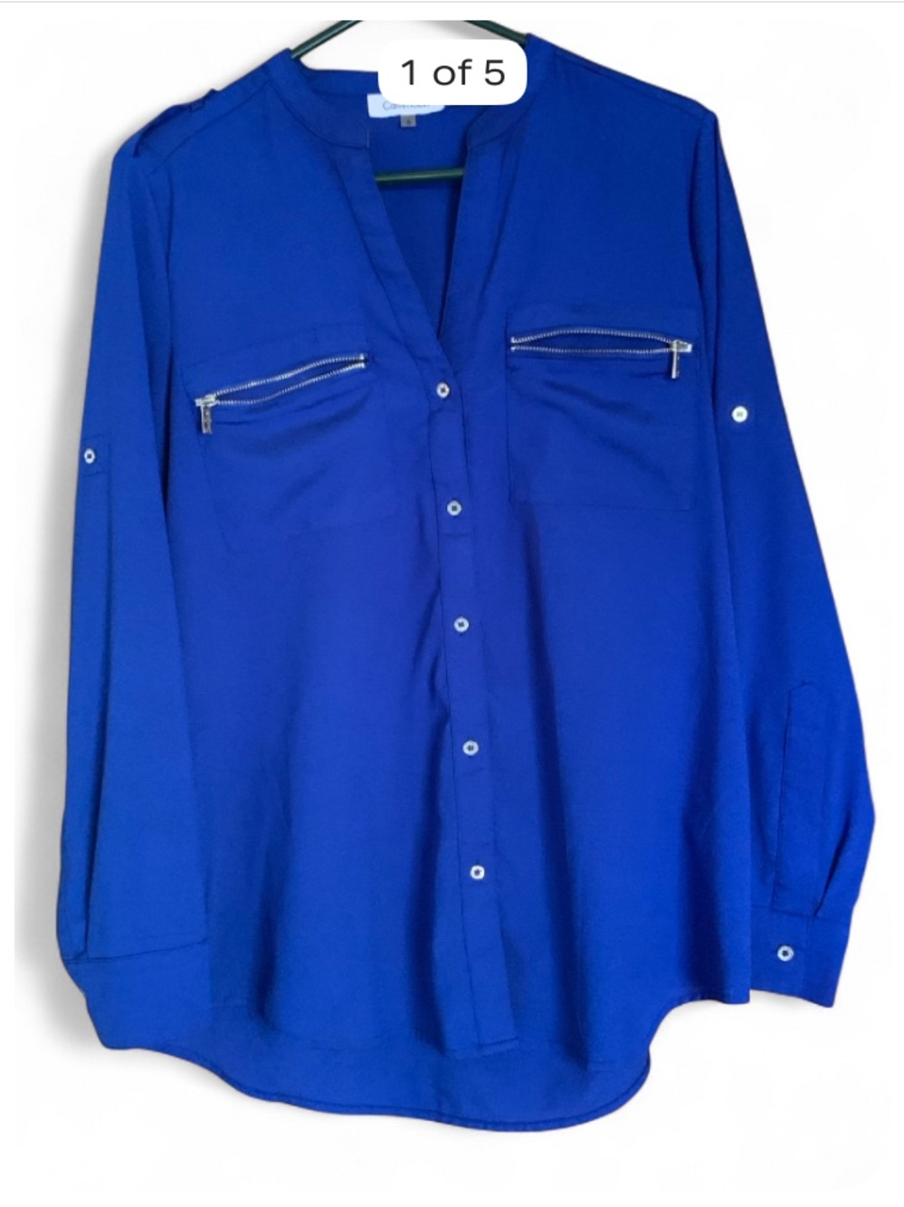 Calvin Klein Royal Blue Men's Button-Down Shirt with Zip Chest Pockets